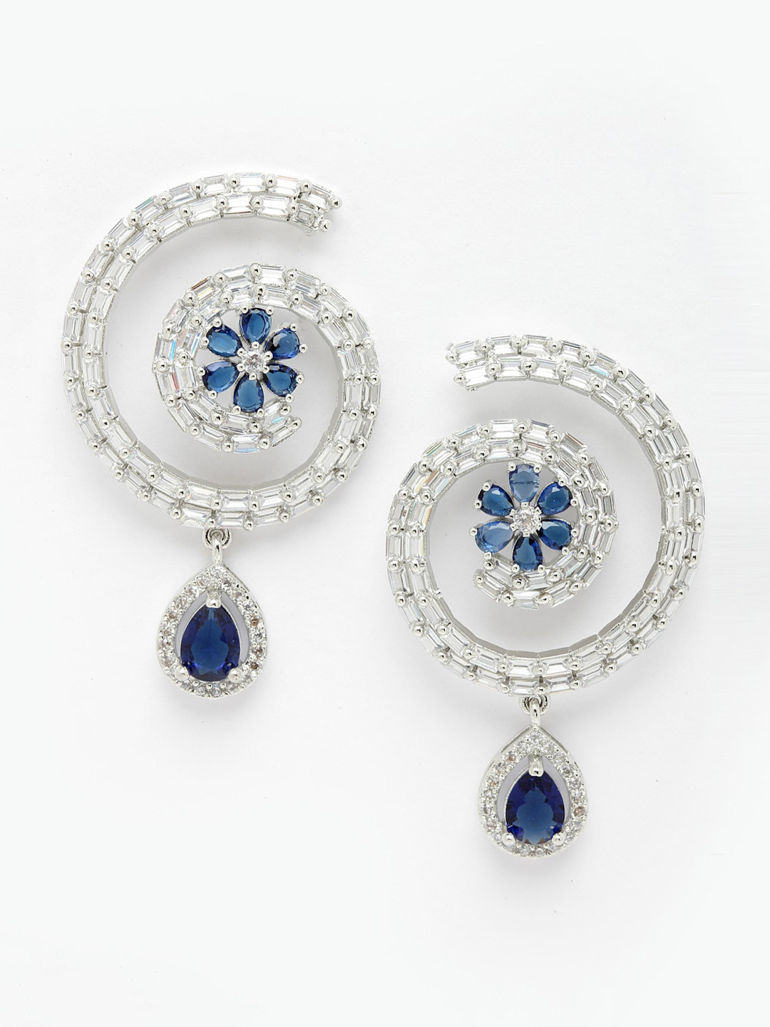 DressBerry Silver-Toned & Blue Rhodium-Plated American Diamond Circular Drop Earrings