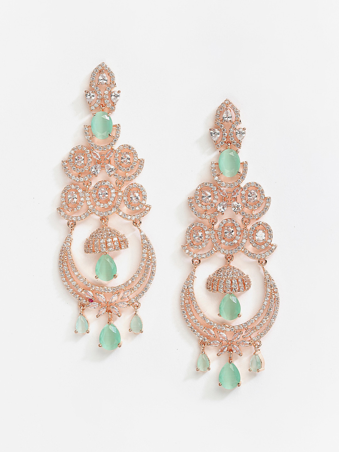 DressBerry Rose Gold-Plated & Lime Green American Diamond Contemporary Drop Earrings