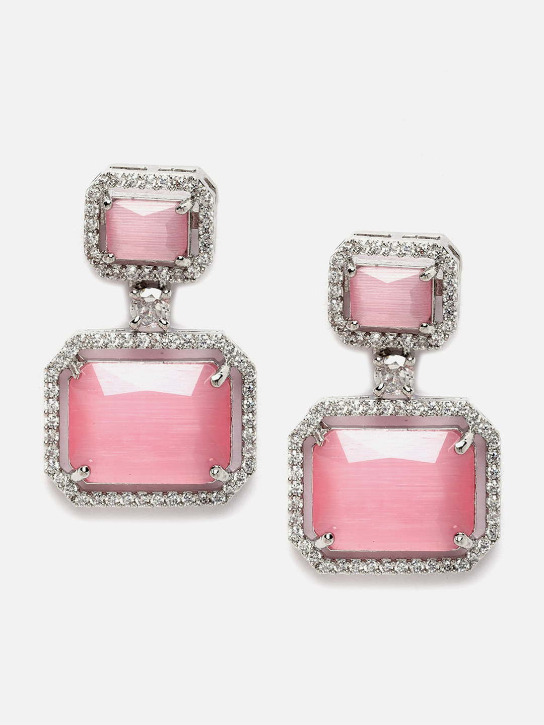 DressBerry Silver-Toned & Pink Silver-Plated Square Drop Earrings
