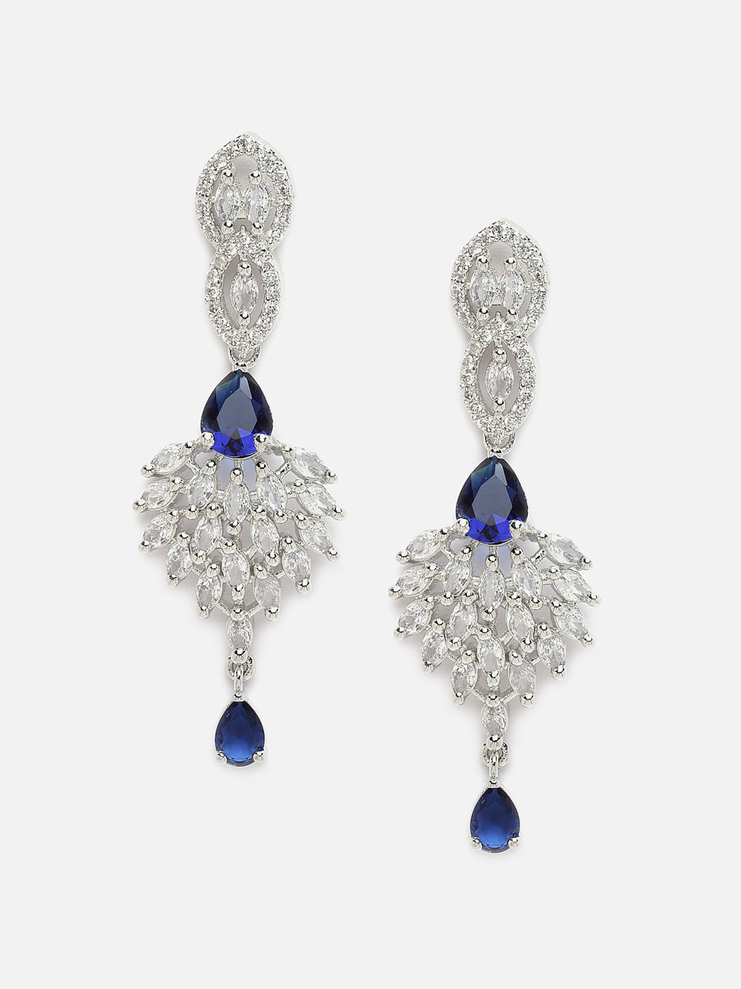 DressBerry Silver-Plated Blue & White AD-Studded Spiked Shaped Oxidised Drop Earrings