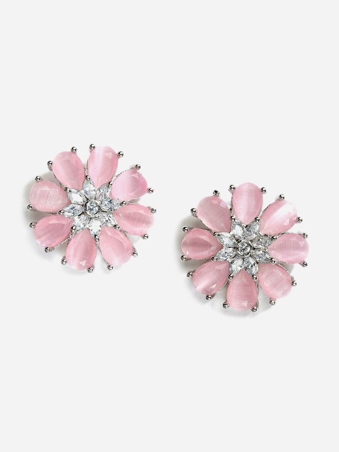 DressBerry Rhodium-Plated & Pink American Diamond-Studded Floral Studs Earrings