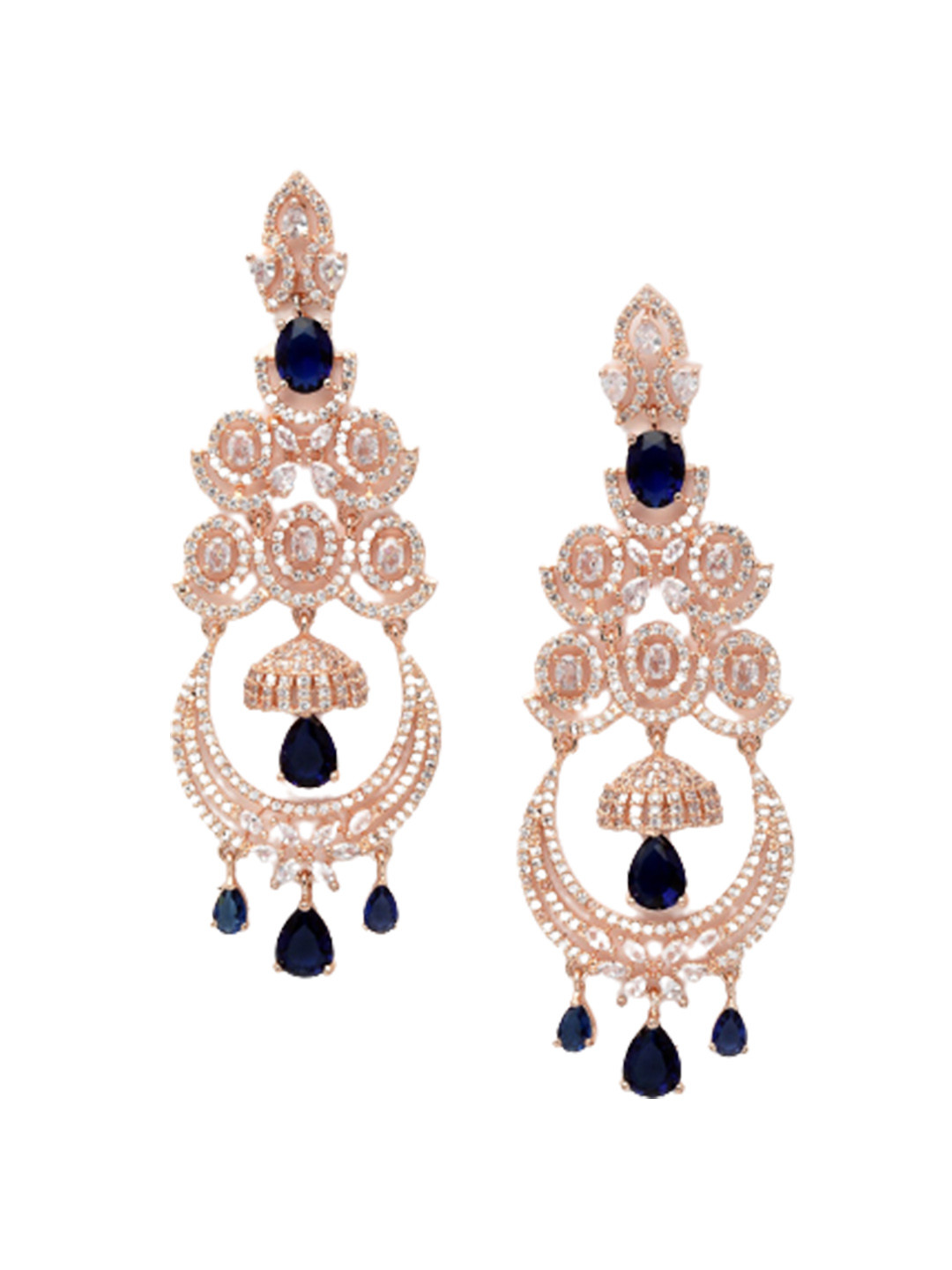DressBerry Rose Gold-Plated & Blue American Diamond Studded Chandelier Drop Earrings