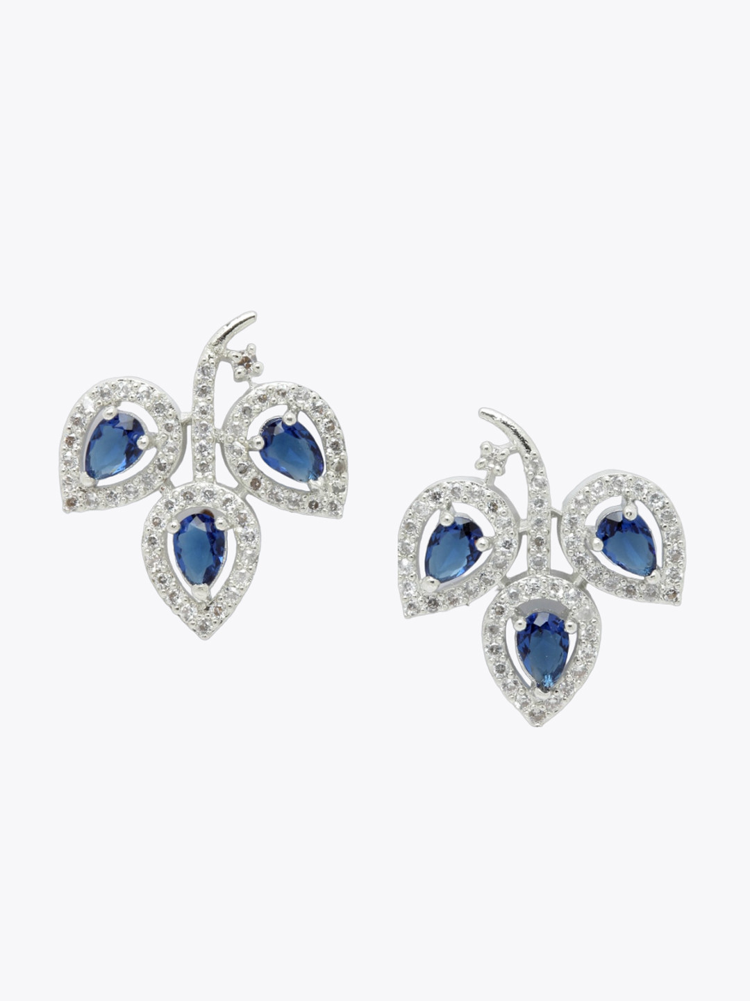 DressBerry Silver-Toned & Blue Rhodium-Plated American Diamond Leaf Shaped Studs Earrings