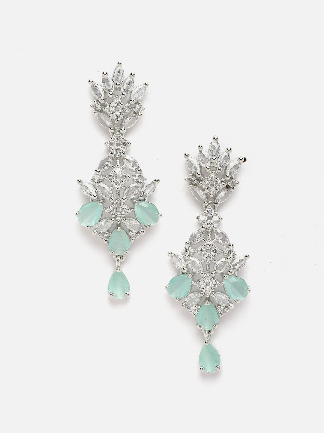 DressBerry Silver-Plated & Sea Green AD-Studded Spiked Shaped Oxidised Drop Earrings