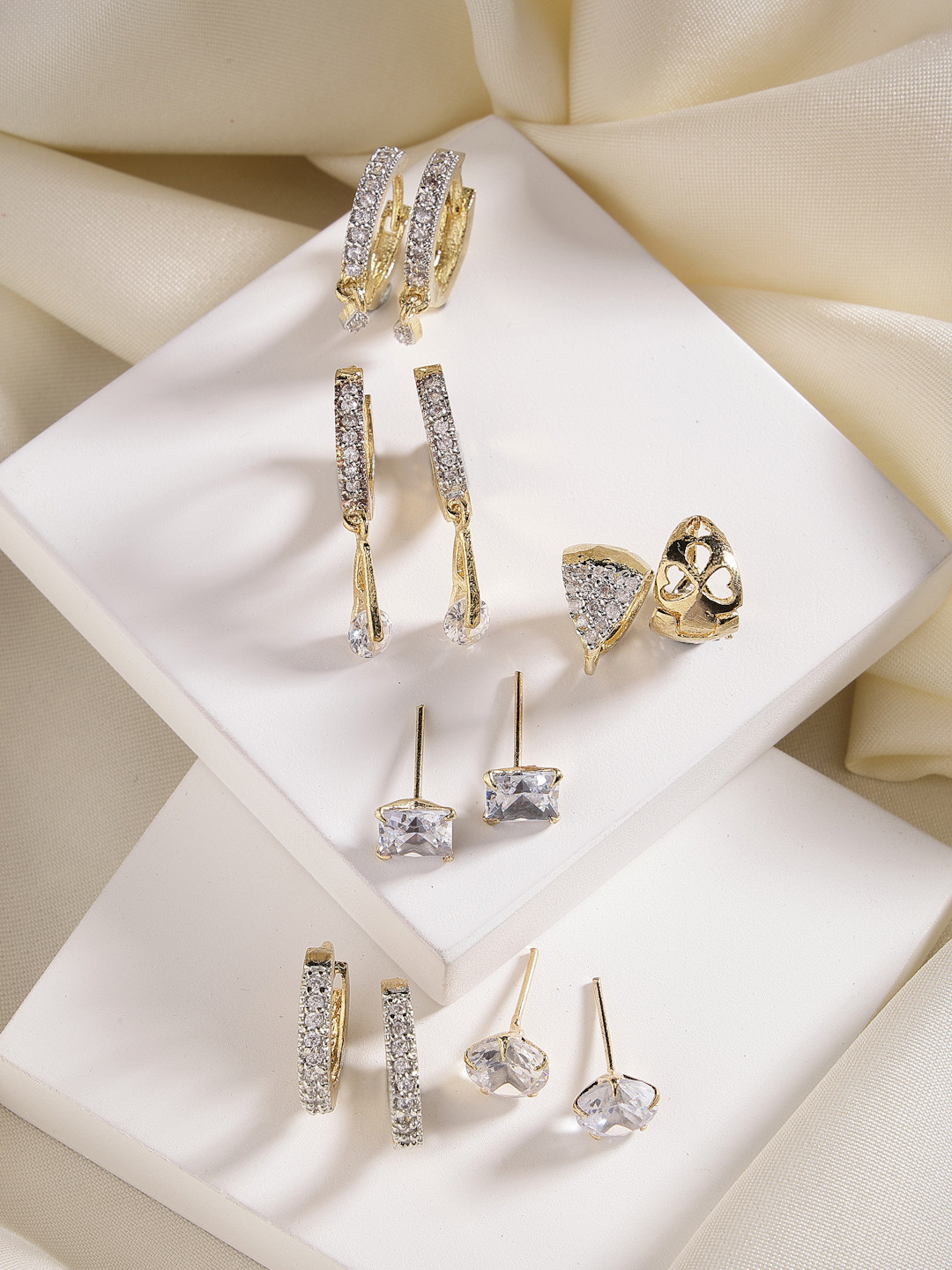 DressBerry Set of 6 Gold-Plated & White American Diamond-Studded Stud & Hoop Earrings