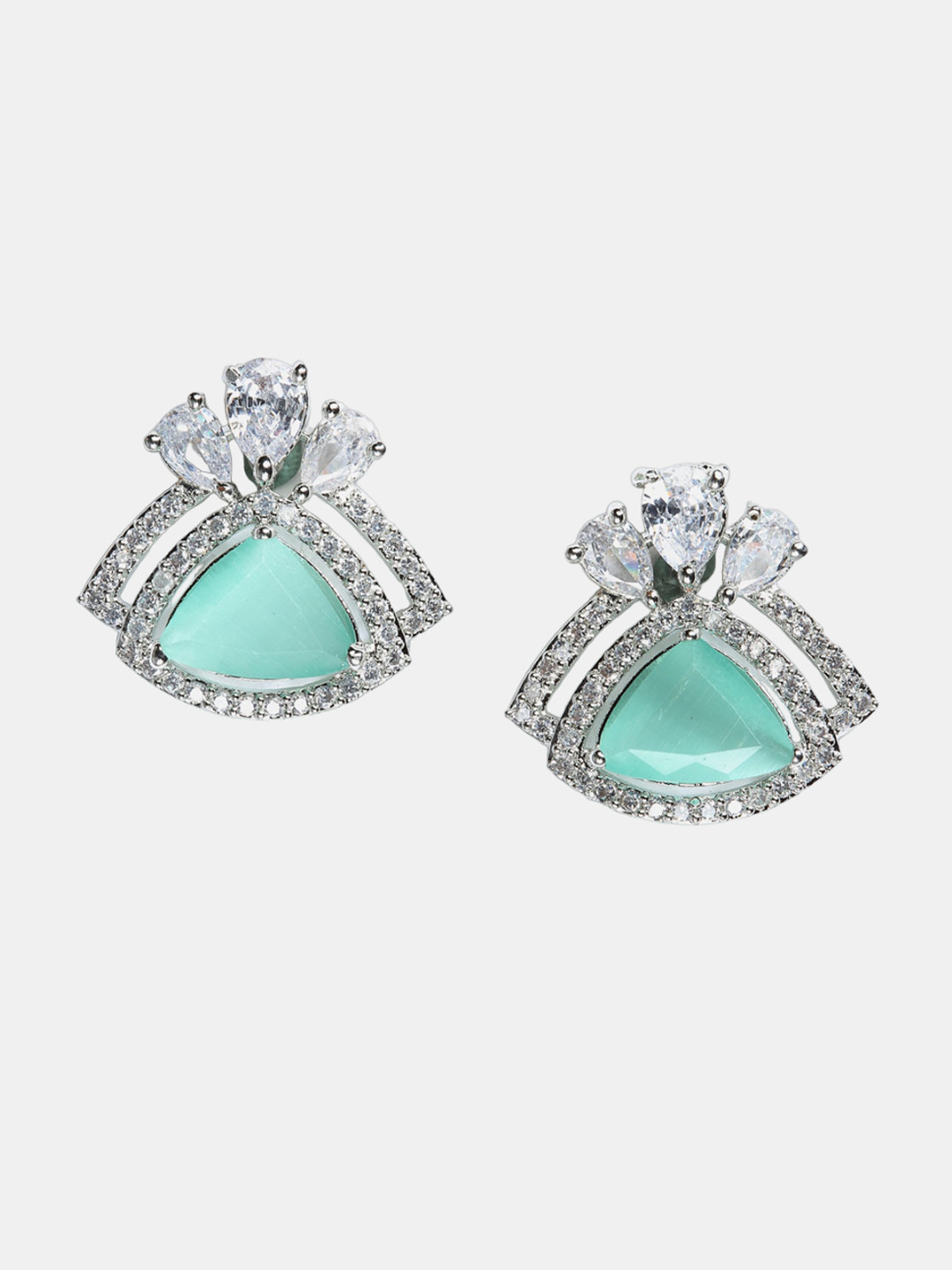 DressBerry Silver-Toned & Sea Green Rhodium-Plated Triangular Studs Earrings