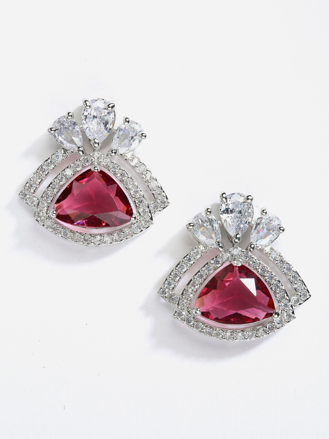 DressBerry Silver-Toned & Red Rhodium-Plated American Diamond Triangular Studs Earrings
