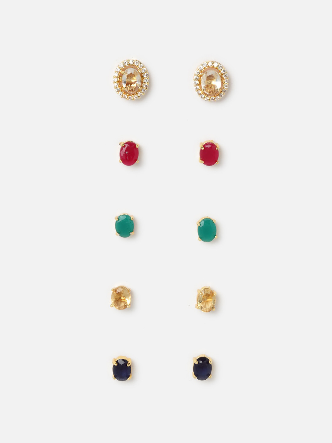 DressBerry Set of 5 Gold-Plated American Diamond Oval Studs Earrings