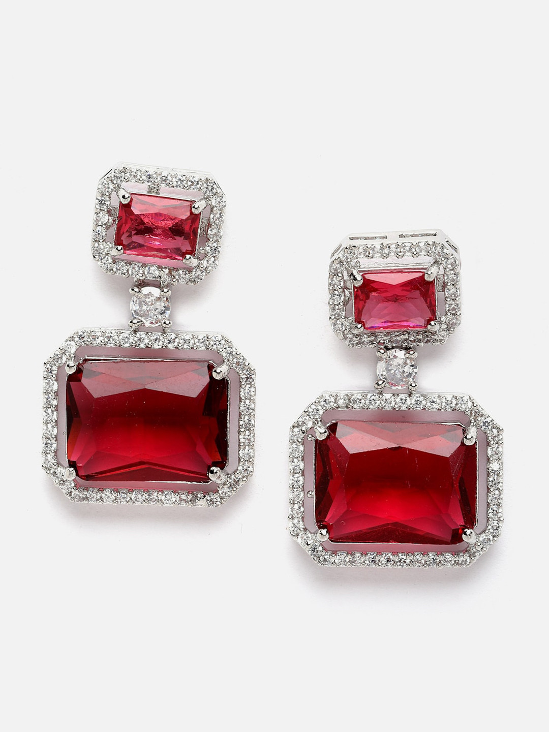 DressBerry Silver-Plated & Red American Diamond Square Shaped Drop Earrings