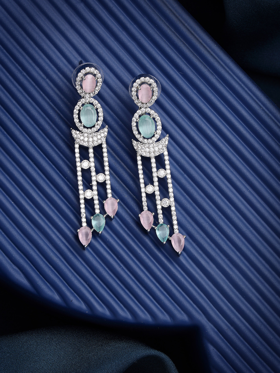 DressBerry Lime Silver-Plated American Diamond Crescent Shaped Drop Earrings