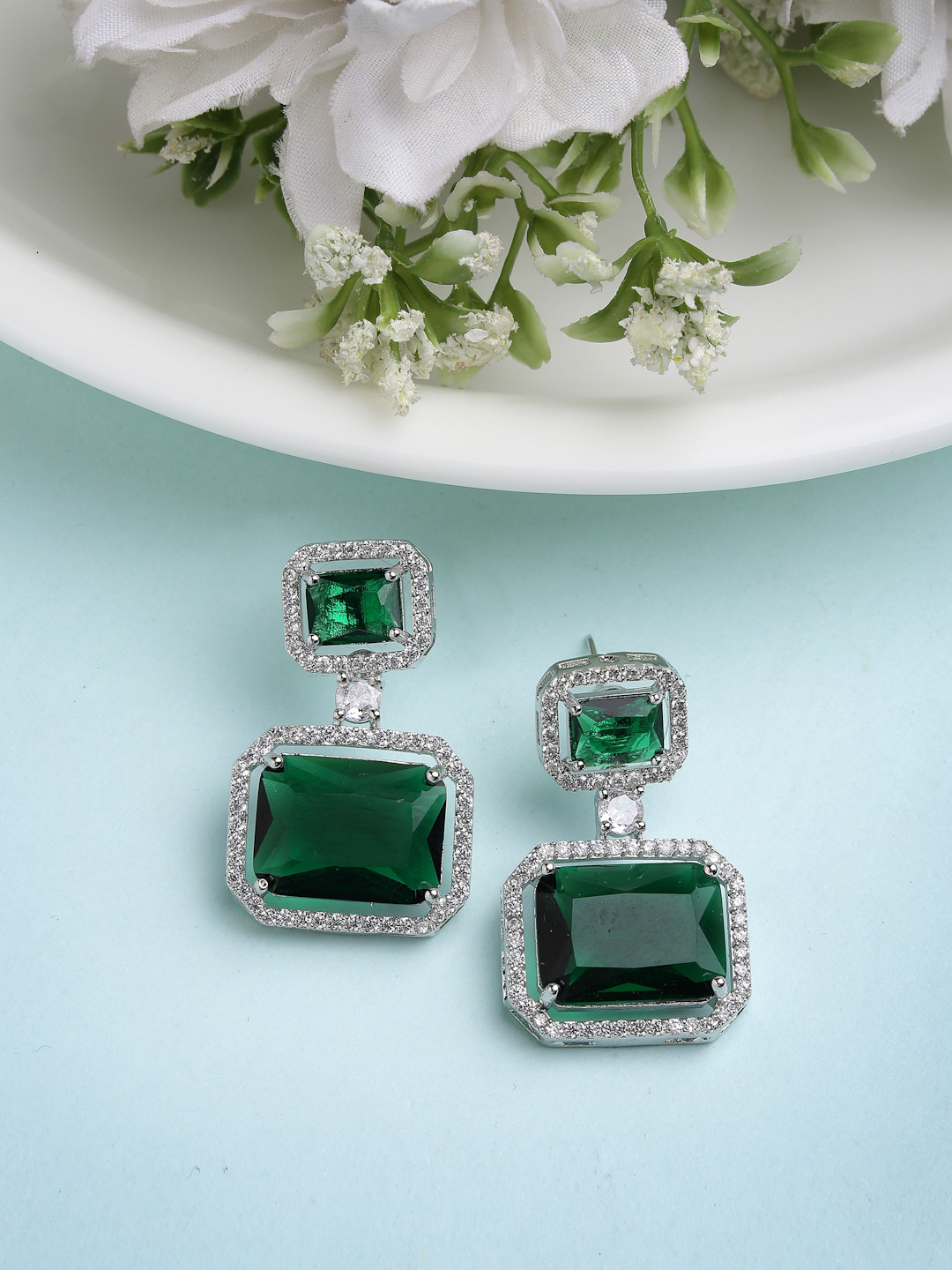 DressBerry Green Silver-Plated American Diamond Square Drop Earrings
