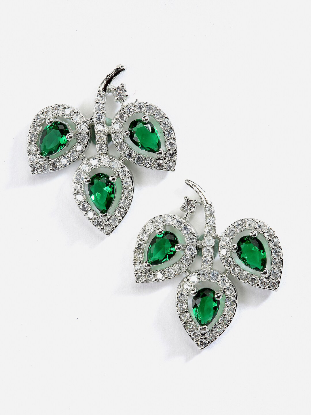 DressBerry Green American Diamond Rhodium-Plated Leaf Shaped Studs Earrings