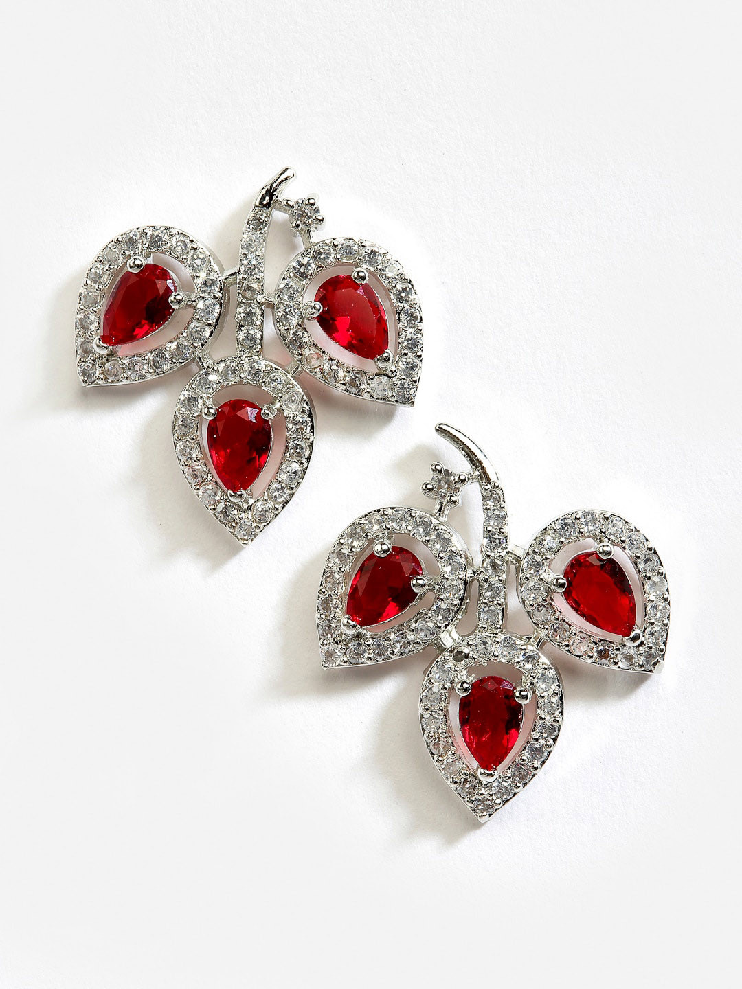 DressBerry Red Silver Toned American Diamond Rhodium-Plated Leaf Shaped Studs Earrings