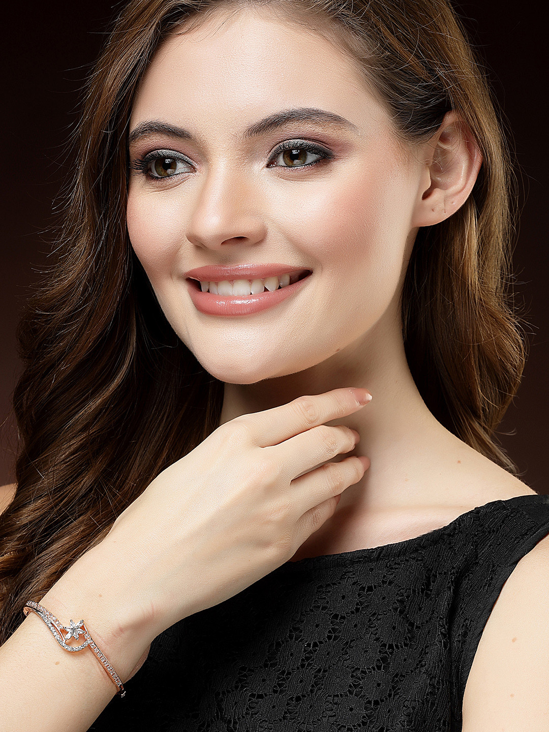 DressBerry Rose Gold & White Brass American Diamond Rose Gold-Plated Bangle-Style Bracelet