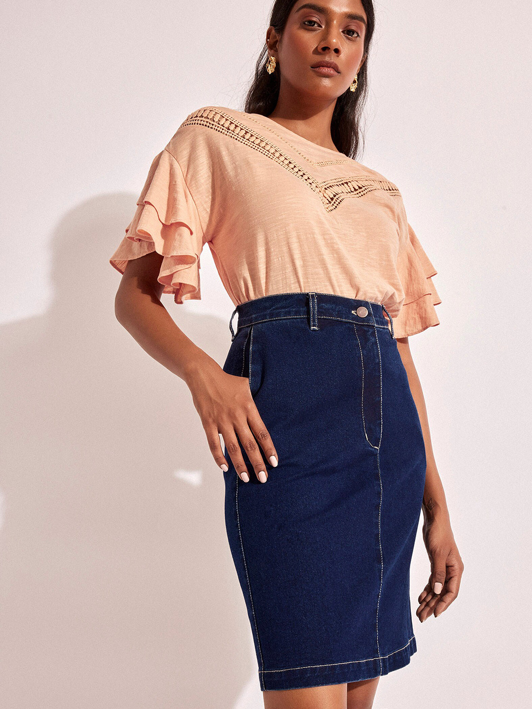 The Label Life Knee Length Denim Pencil Skirt