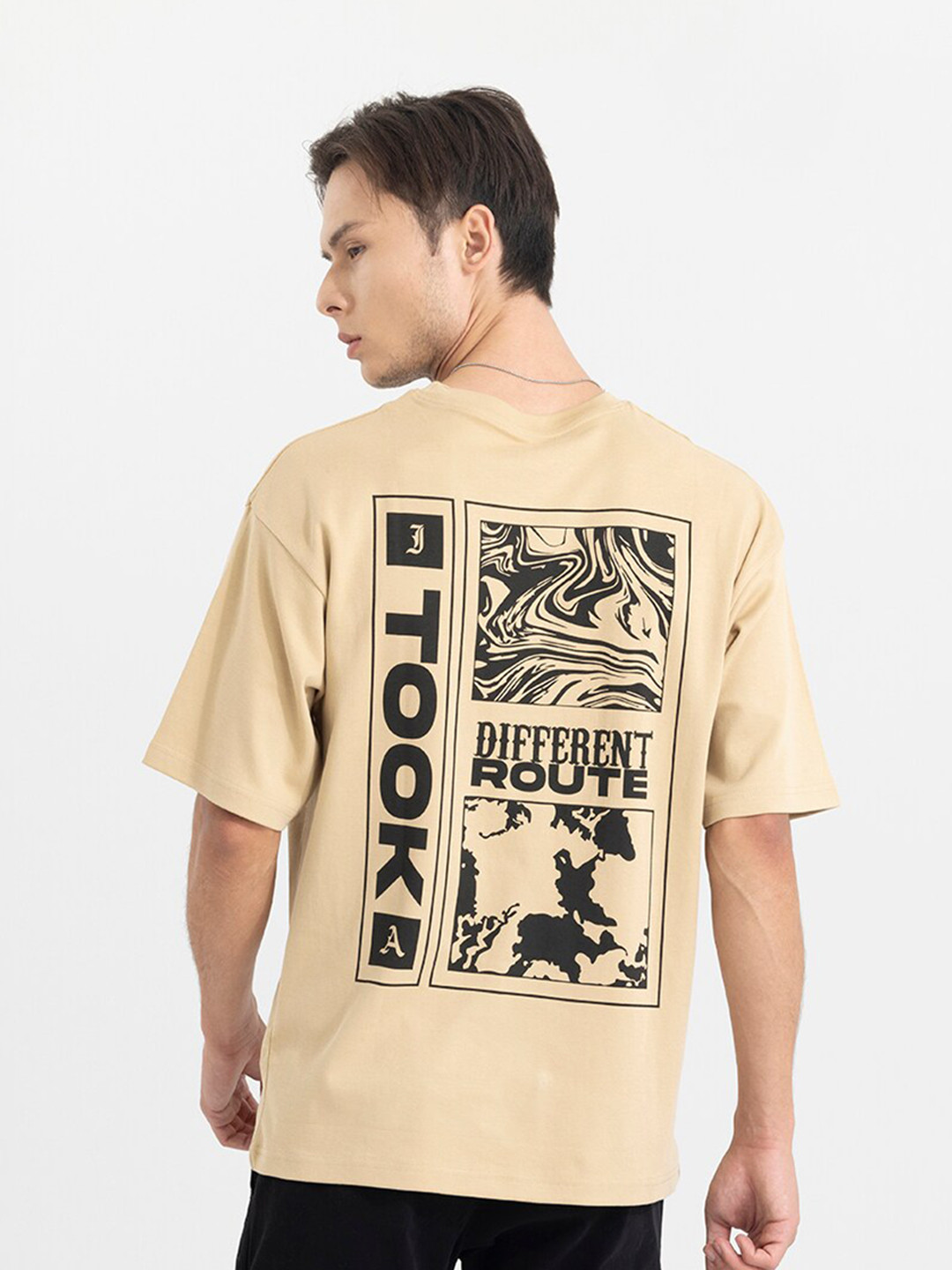 Snitch Cream-Coloured & Black Typography Printed Oversized Fit Casual T-shirt