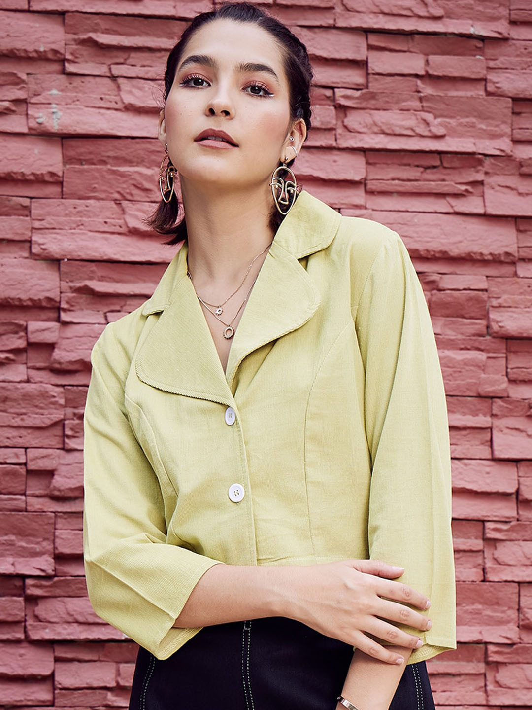 Athena Olive Green Lapel Collar Corduroy Crop Tailored Jacket