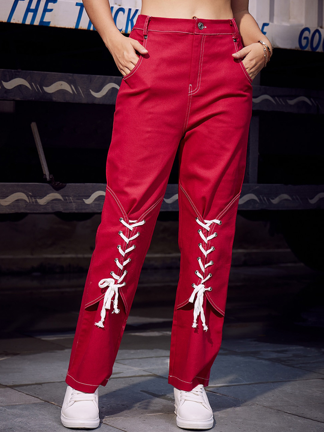 Athena Women Maroon Mid-Rise Clean Look Coloured Lace up Jeans