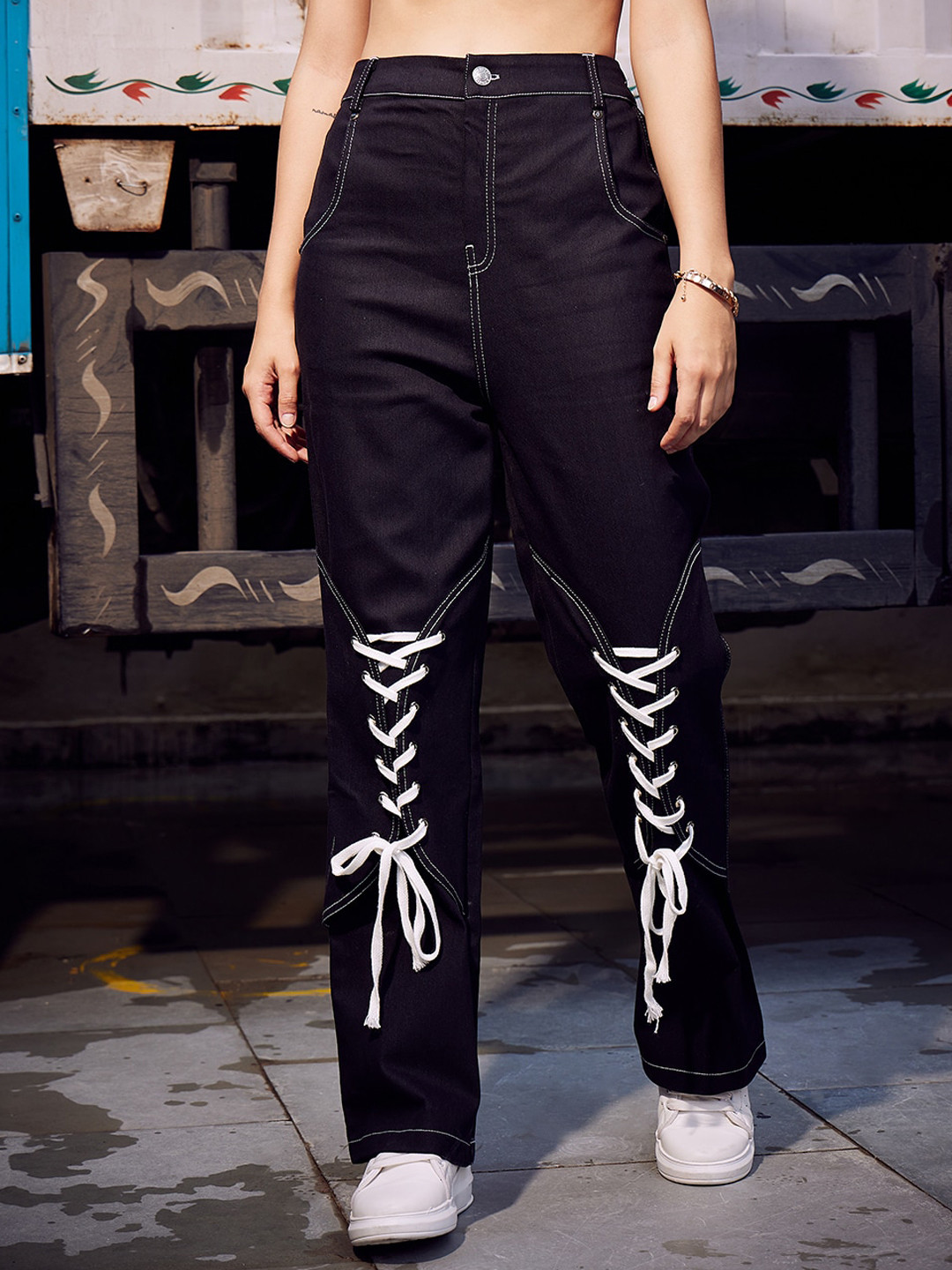 Athena Women Black Mid-Rise Clean Look Dark Shade Lace up Jeans