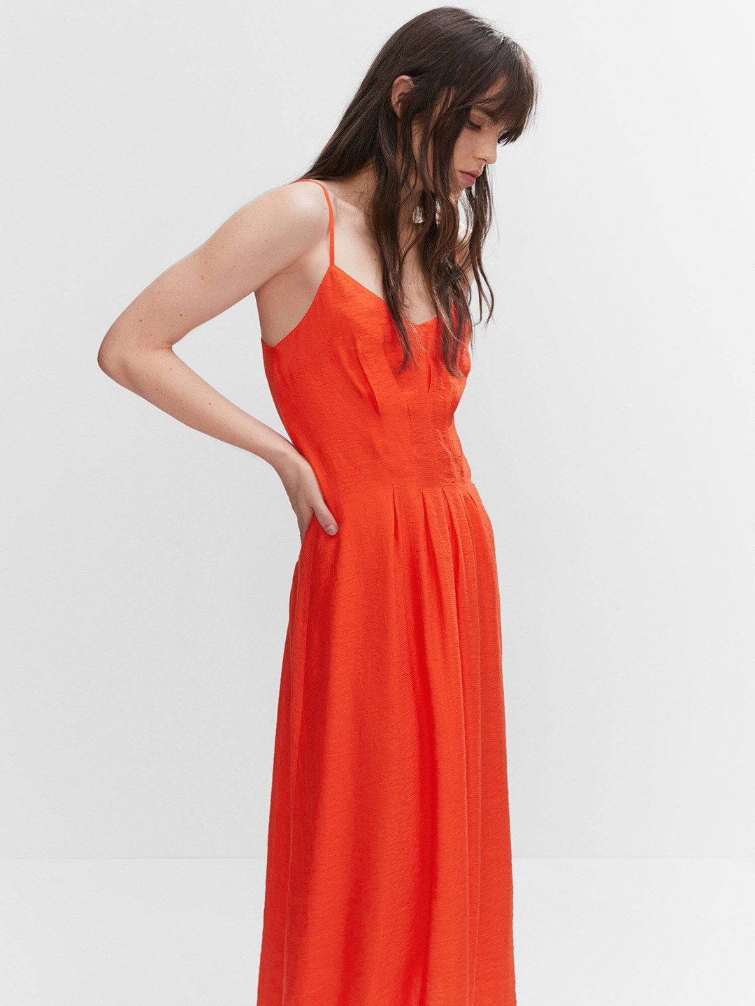 MANGO Solid A-Line Midi Spaghetti Strap Dress