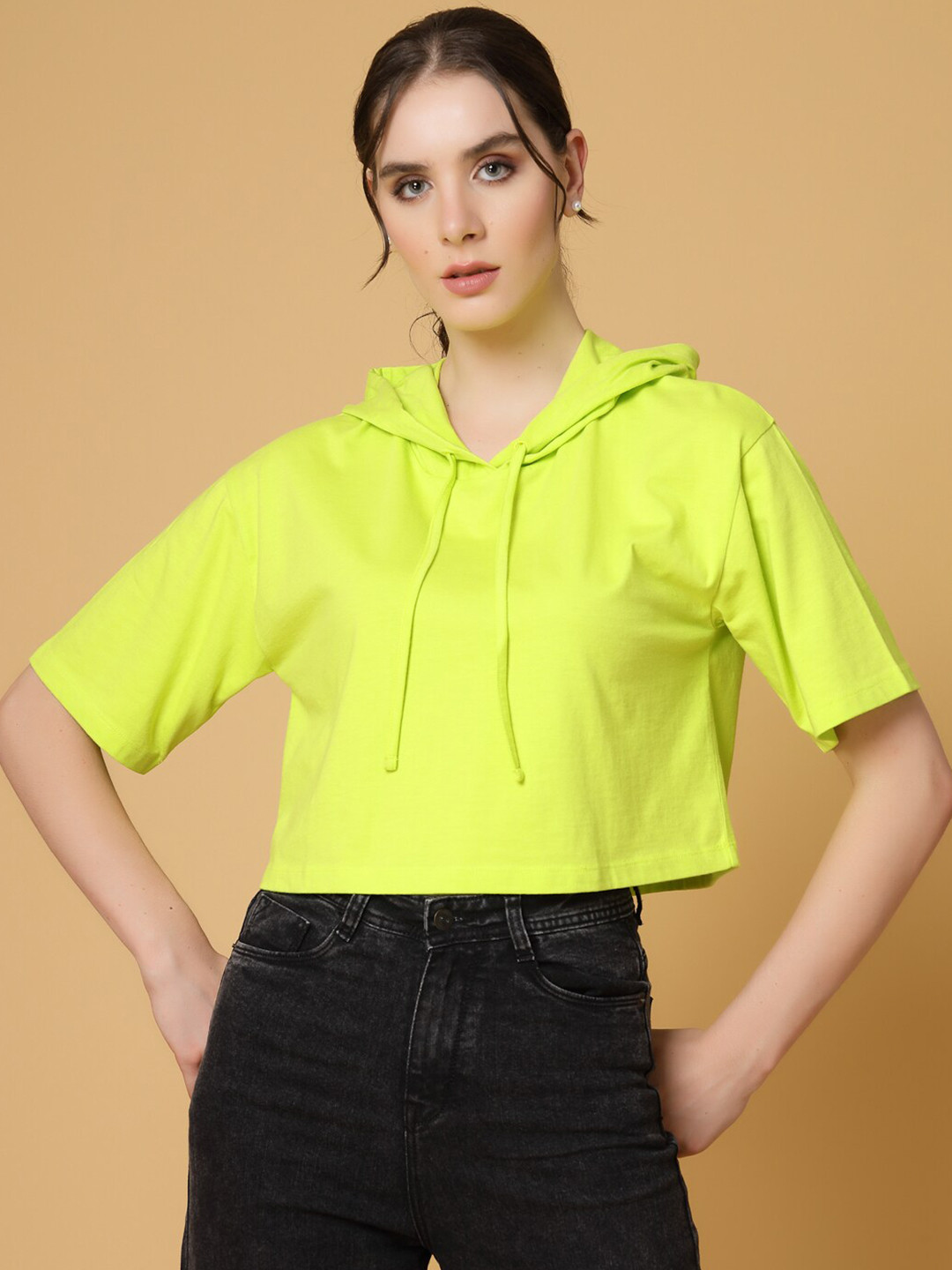 Strong And Brave Odour free Hooded Drop Shoulder Sleeves Regular Fit Cotton Crop T-shirt
