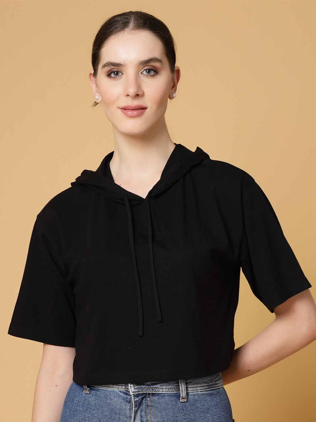 Strong And Brave Odor-Free Hooded Drop Shoulder Sleeves Boxy Fit Cotton Crop T-shirt