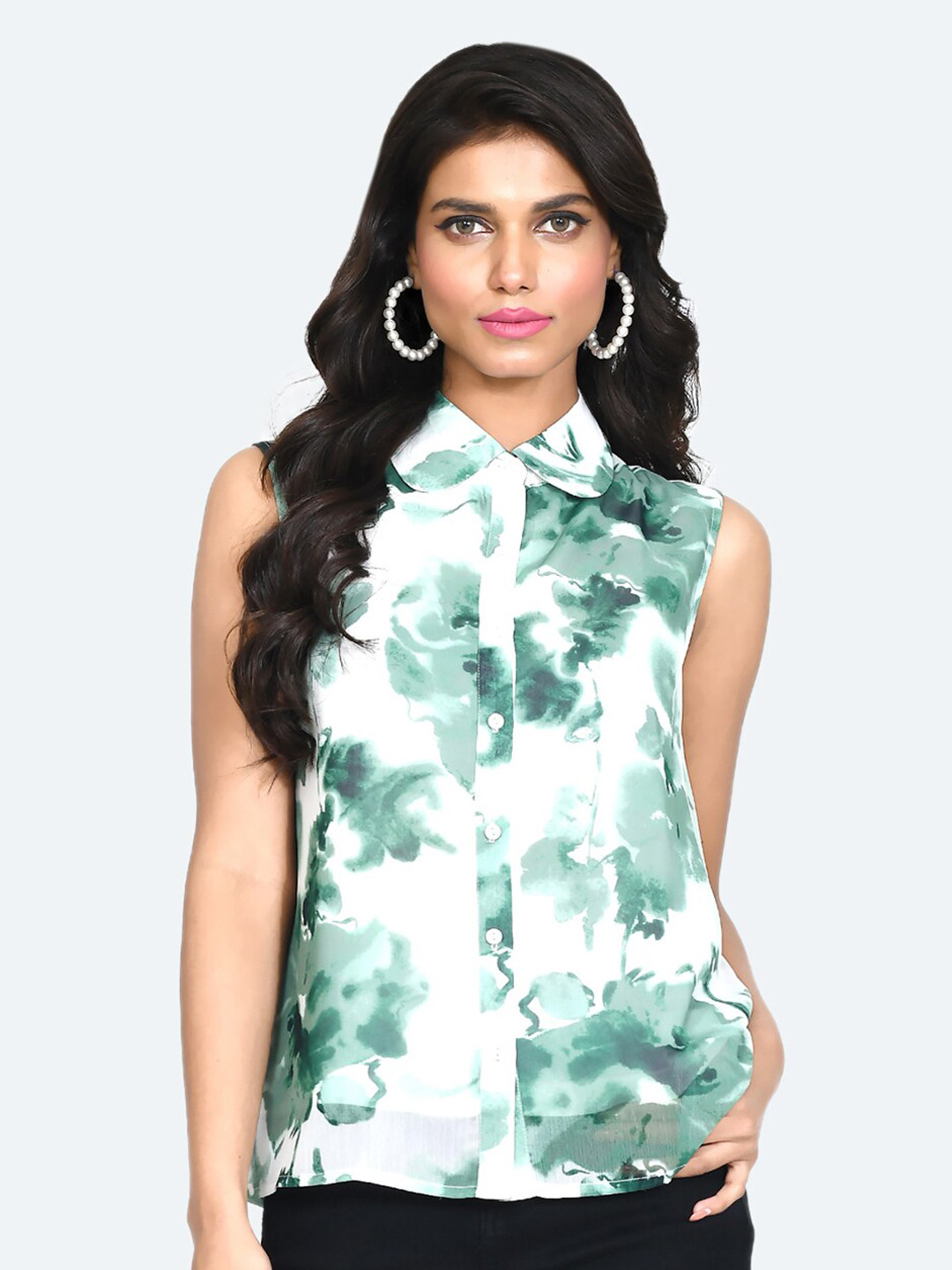 Zink London White & Green Abstract Printed Peter Pan Collar Sleeveless Shirt Style Top