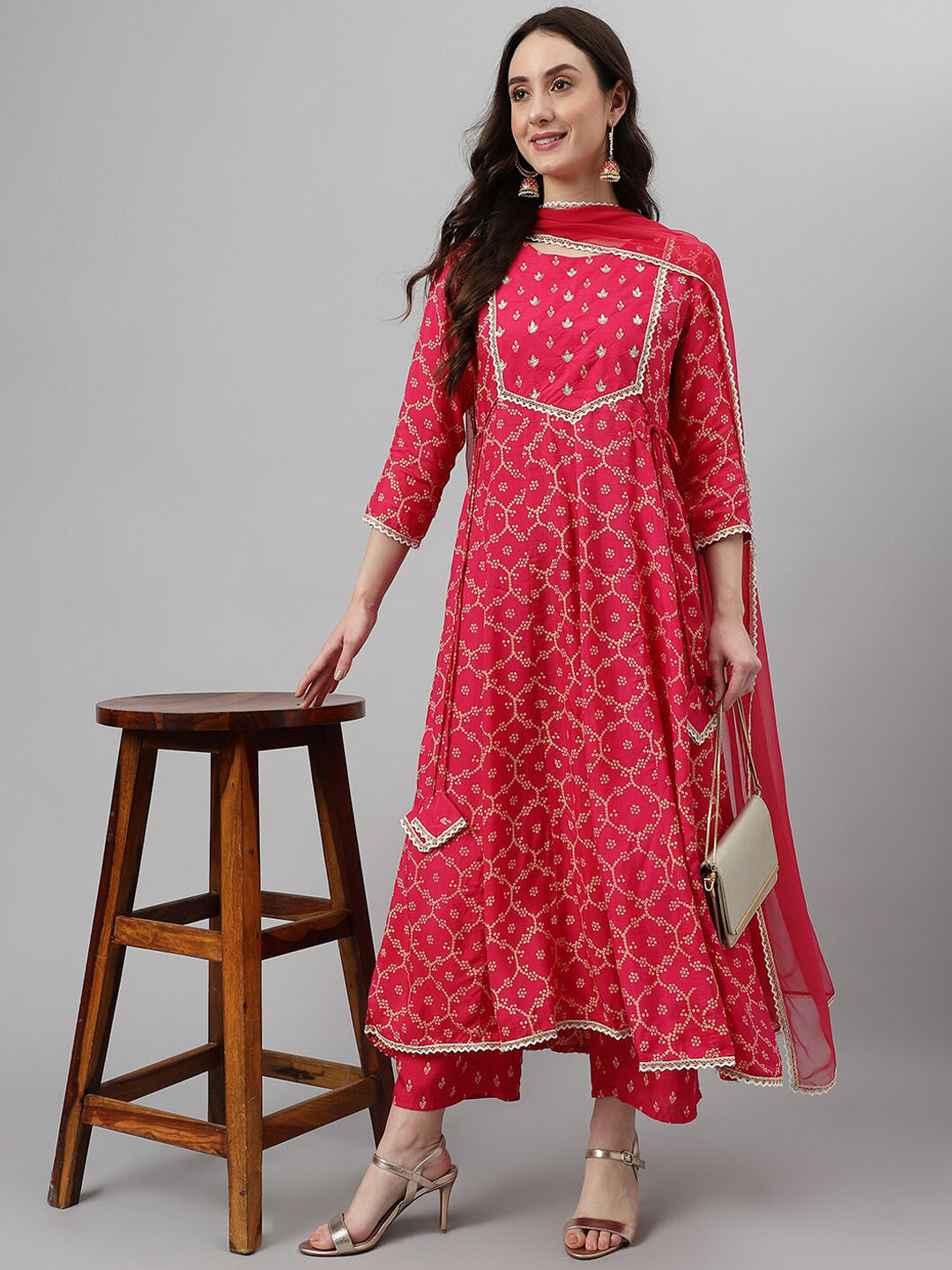 Khushal K Bandhani Printed Regular A-Line Kurta with Trousers & With Dupatta