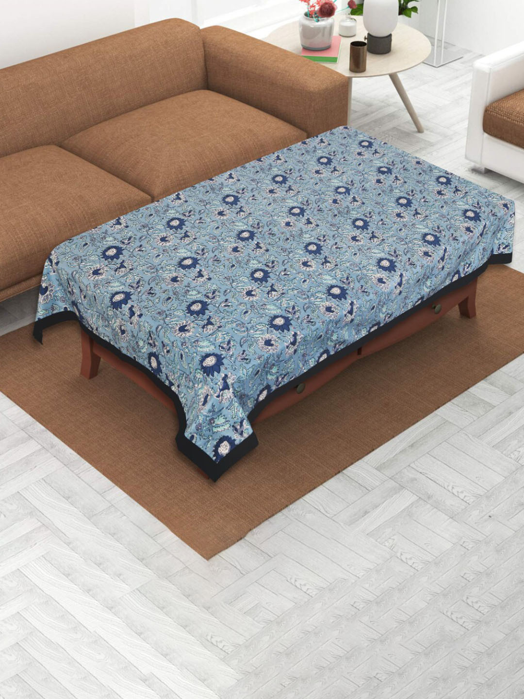INDHOME LIFE Blue & Grey Printed Pure Cotton 4-Seater Table Cover