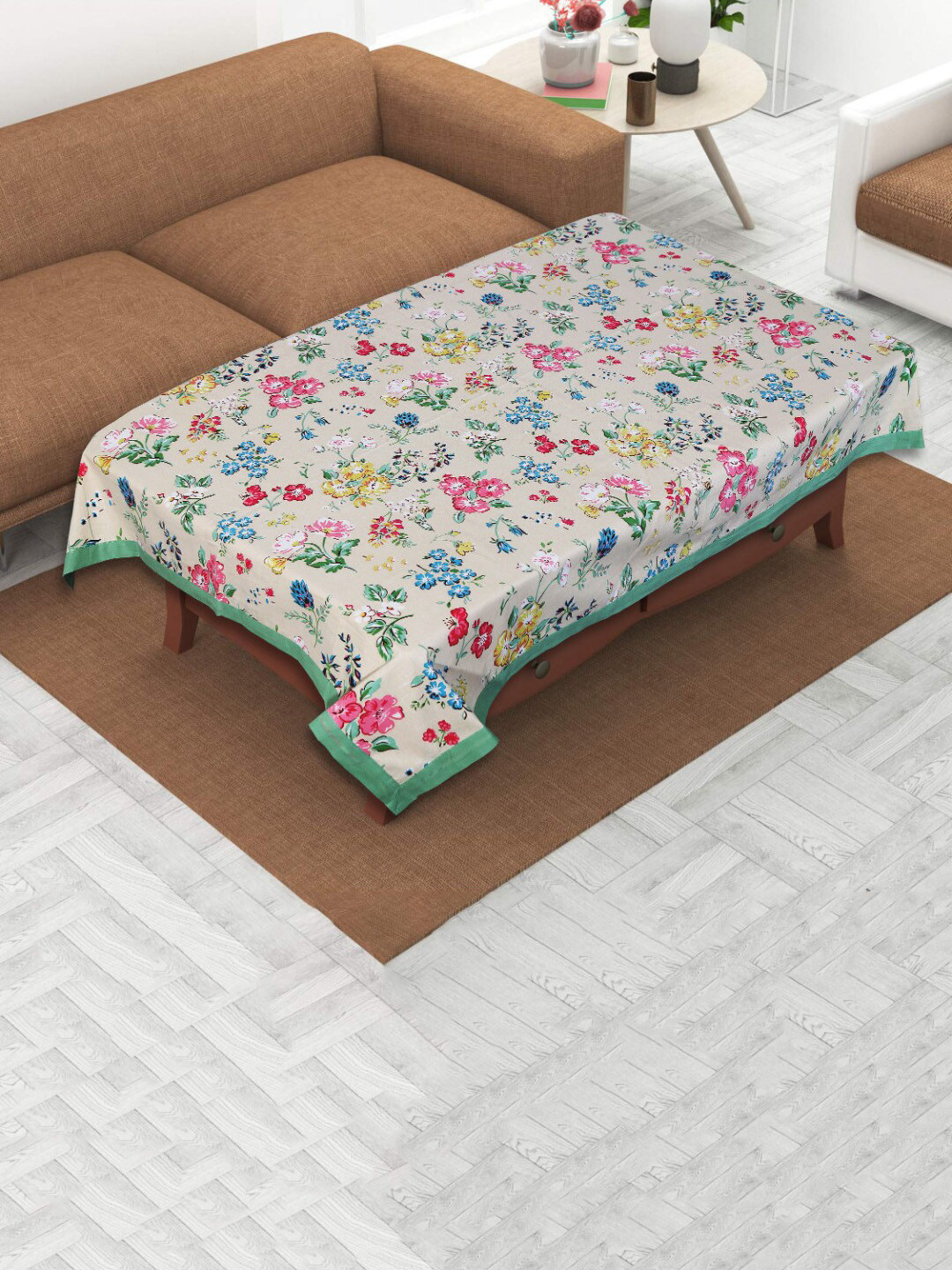 INDHOME LIFE White & Pink Printed Pure Cotton 4-Seater Table Cover