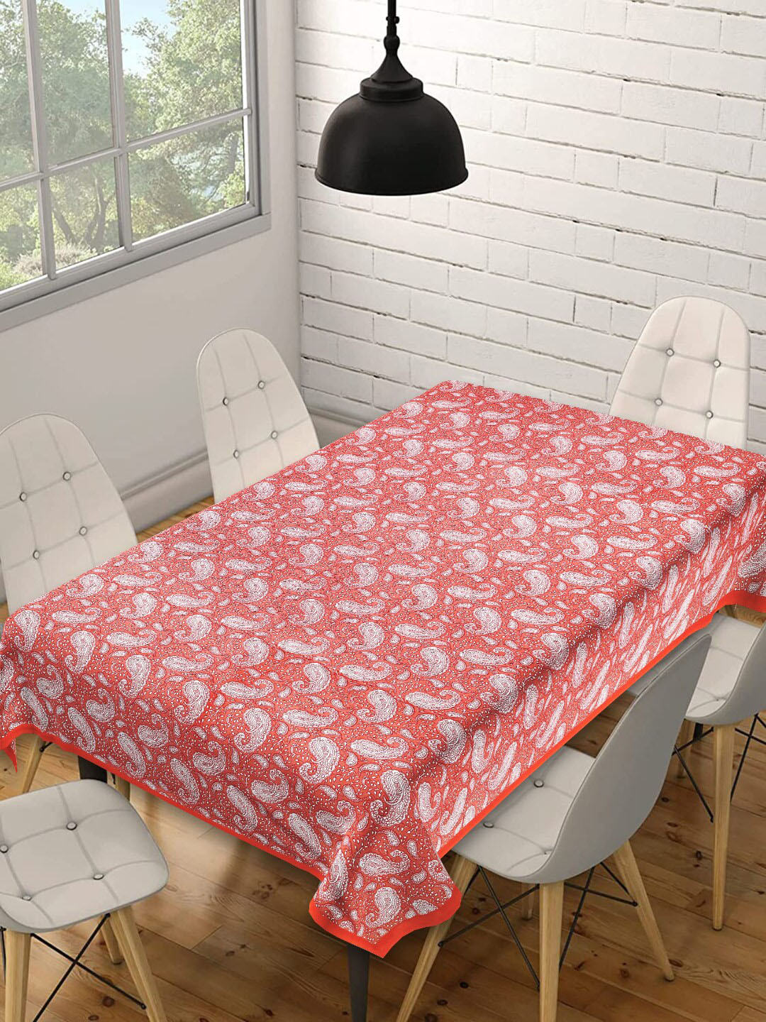 INDHOME LIFE Orange-Coloured & White Printed Pure Cotton 4-Seater Table Cover