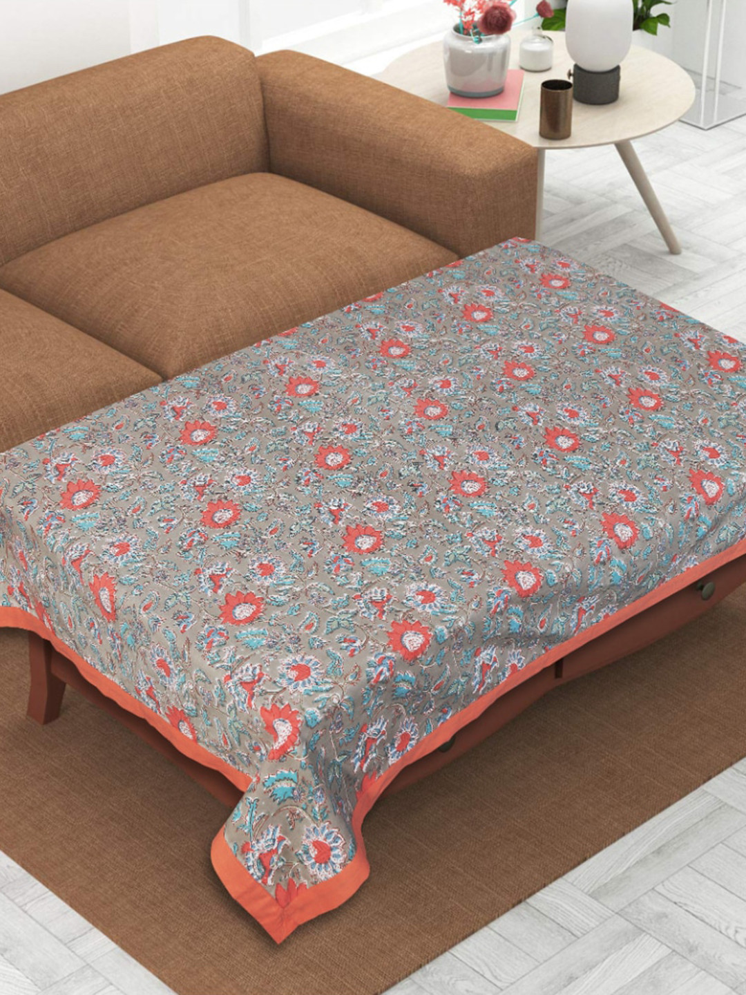 INDHOME LIFE Grey & Red Printed Pure Cotton 4 Seater Table Cover