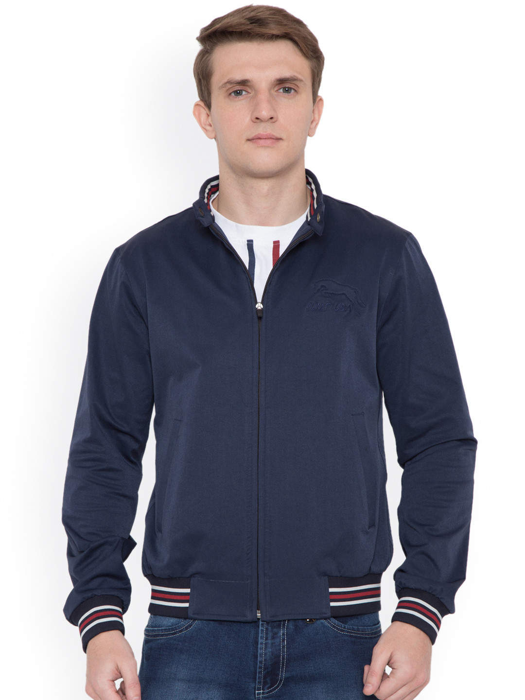JUMP USA Men Navy Blue Solid Varsity Jacket