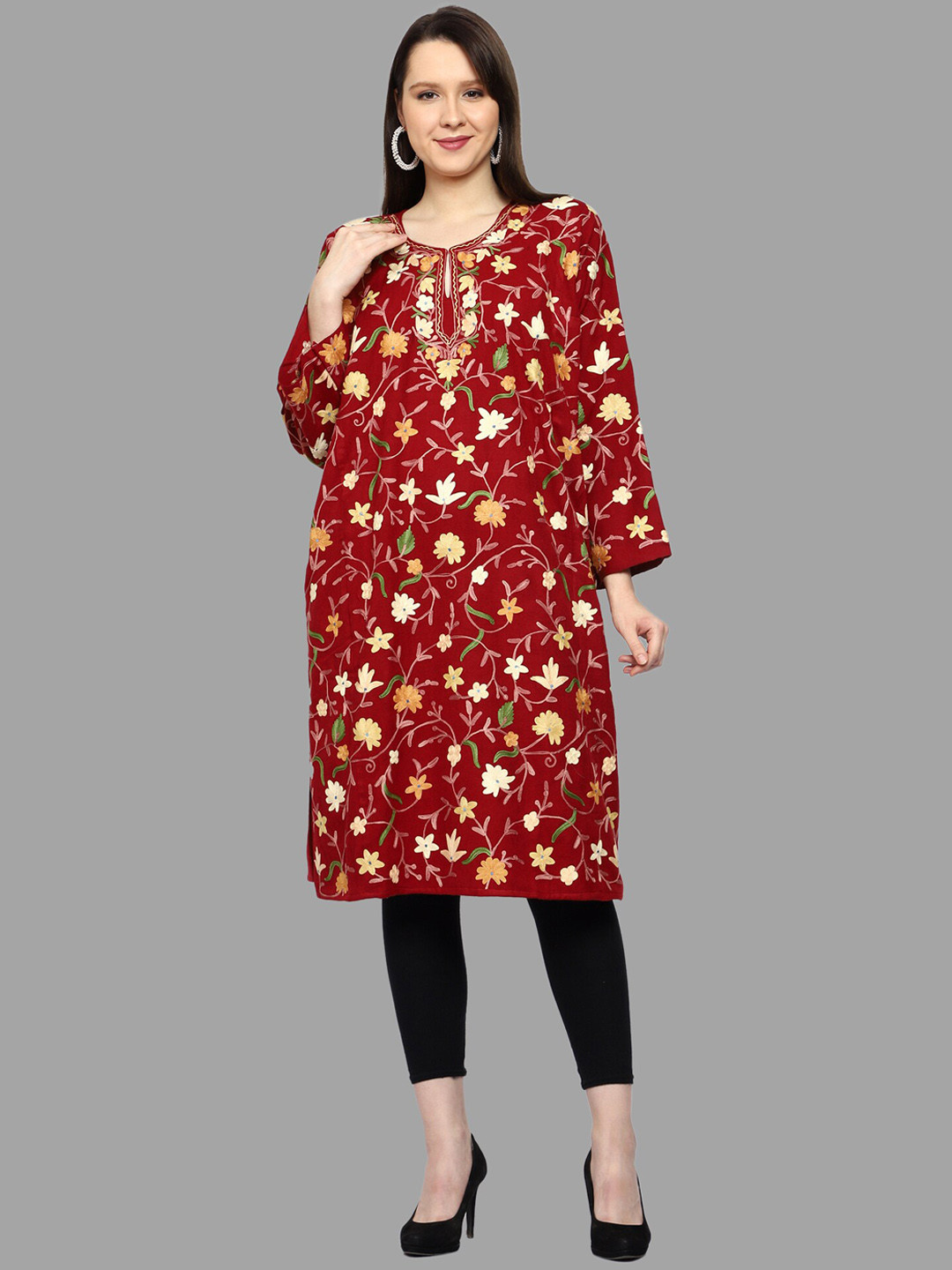 CRAFTBAZAR Floral Printed Keyhole Neck Flared Sleeves Thread Work WoollenKurta