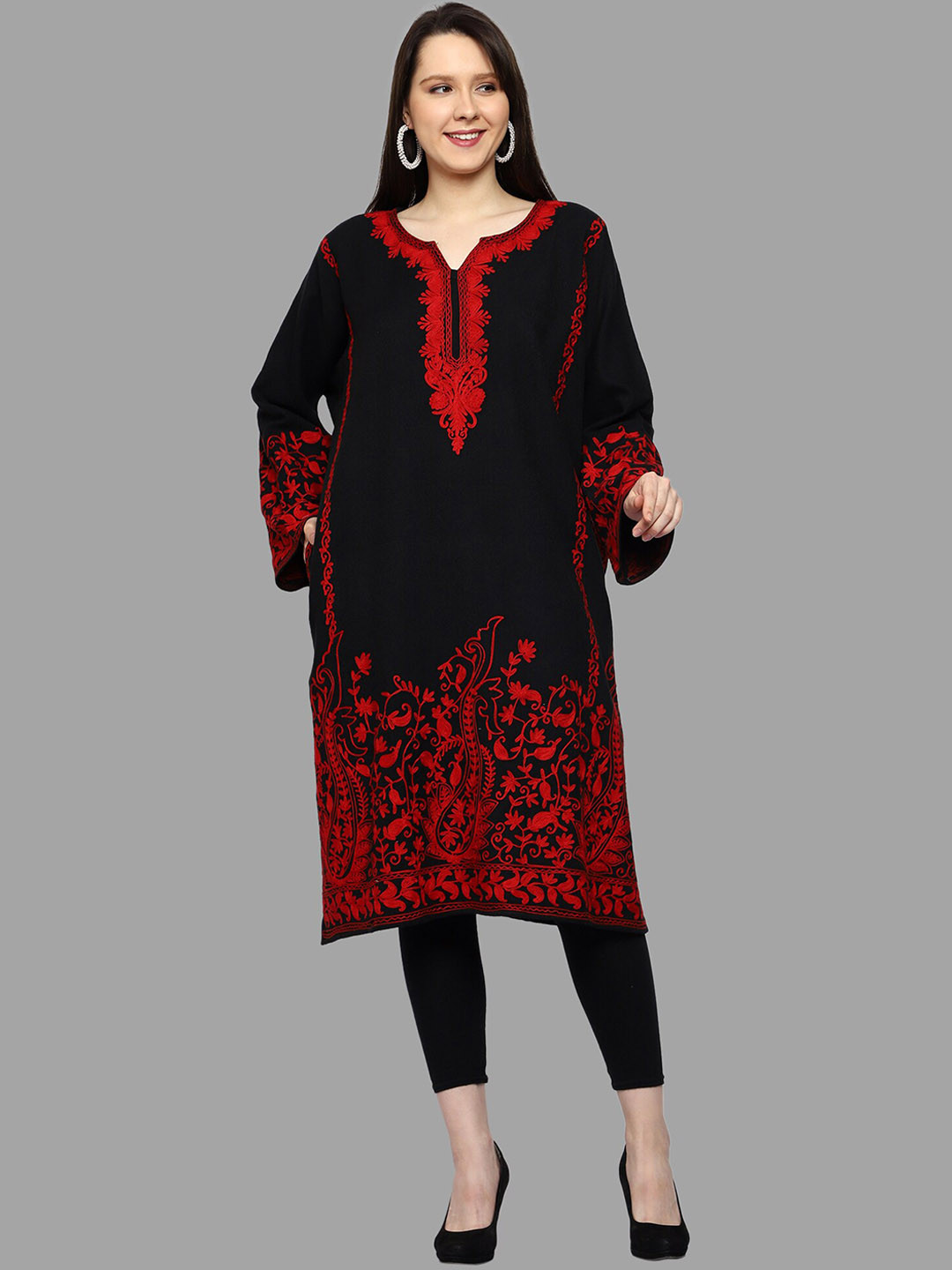 CRAFTBAZAR Ethnic Motifs Embroidered Flared Sleeves Thread Work Woollen Kurta