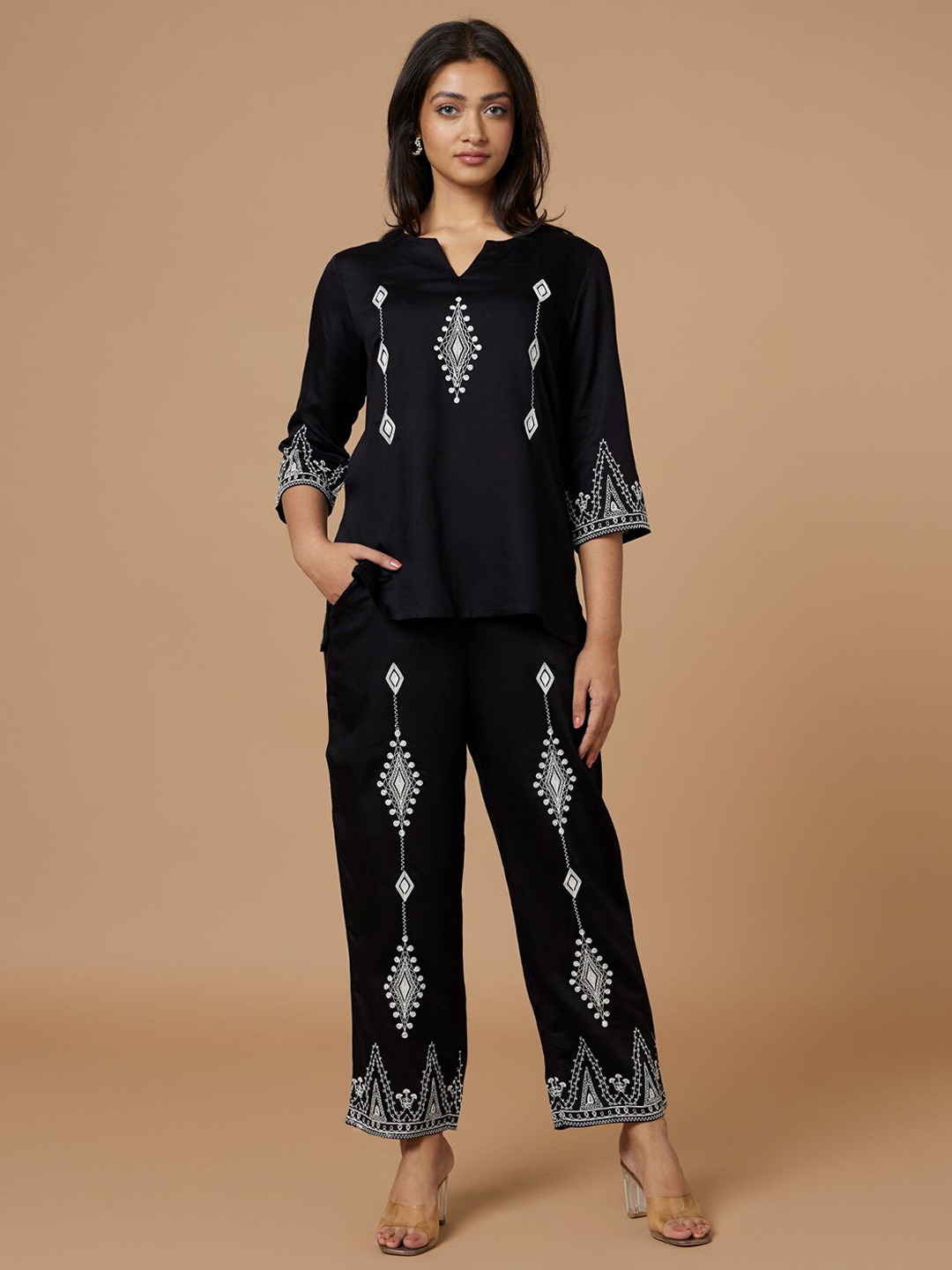 Bombay Bloom Geometric Embroidered Top With Trouser