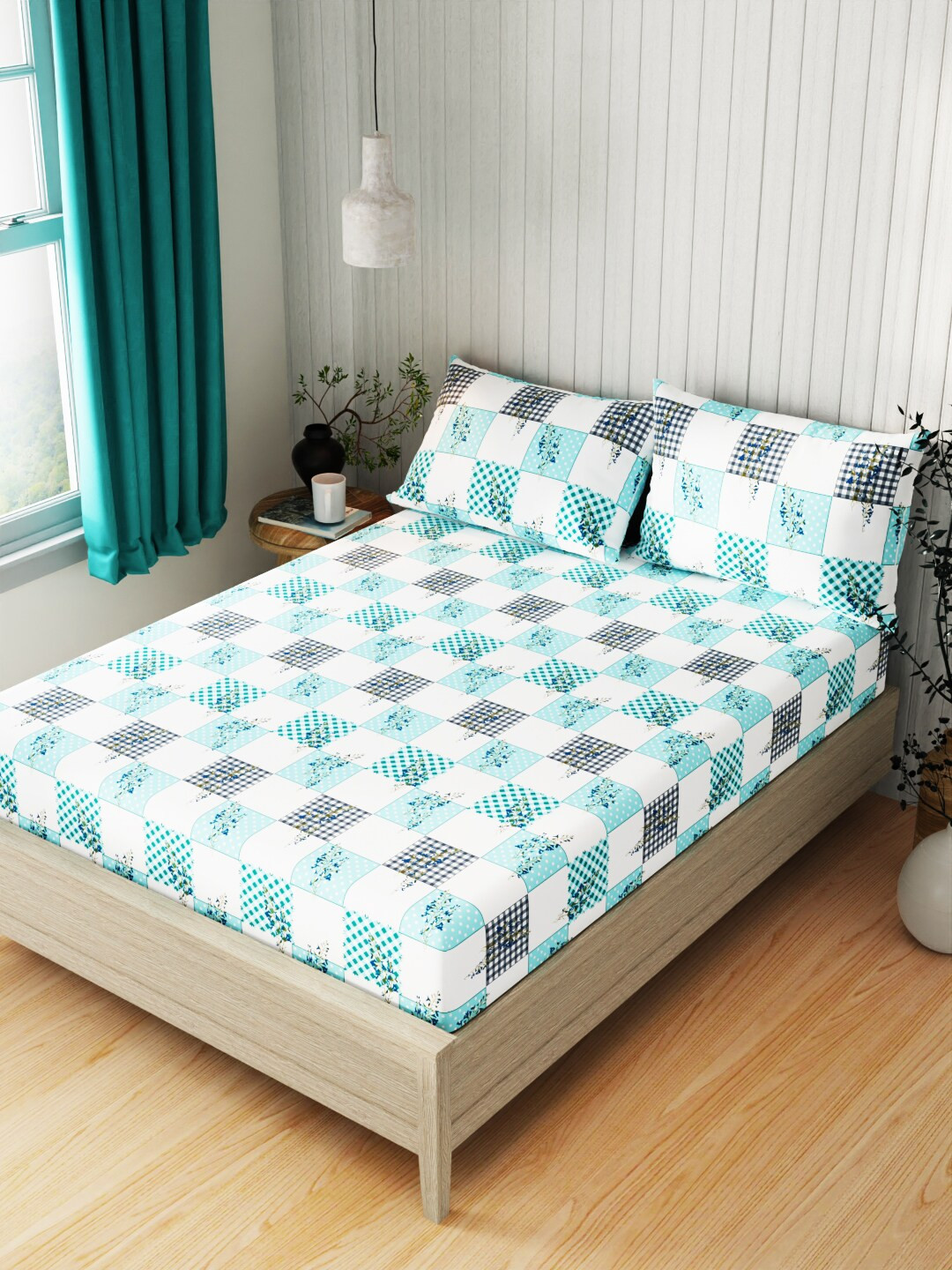 KOPA Lopez Turquoise Blue Floral Cotton Wrinkle Free 120 TC Queen Bedsheet with 2 Pillow Covers-88 x 96 inches