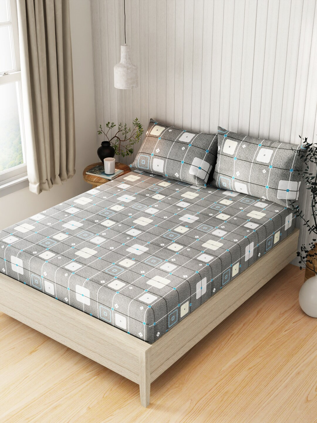KOPA Lopez Grey Checked Cotton Wrinkle Free 120 TC Fitted Queen Bedsheet with 2 Pillow Covers-88 x 96 inches