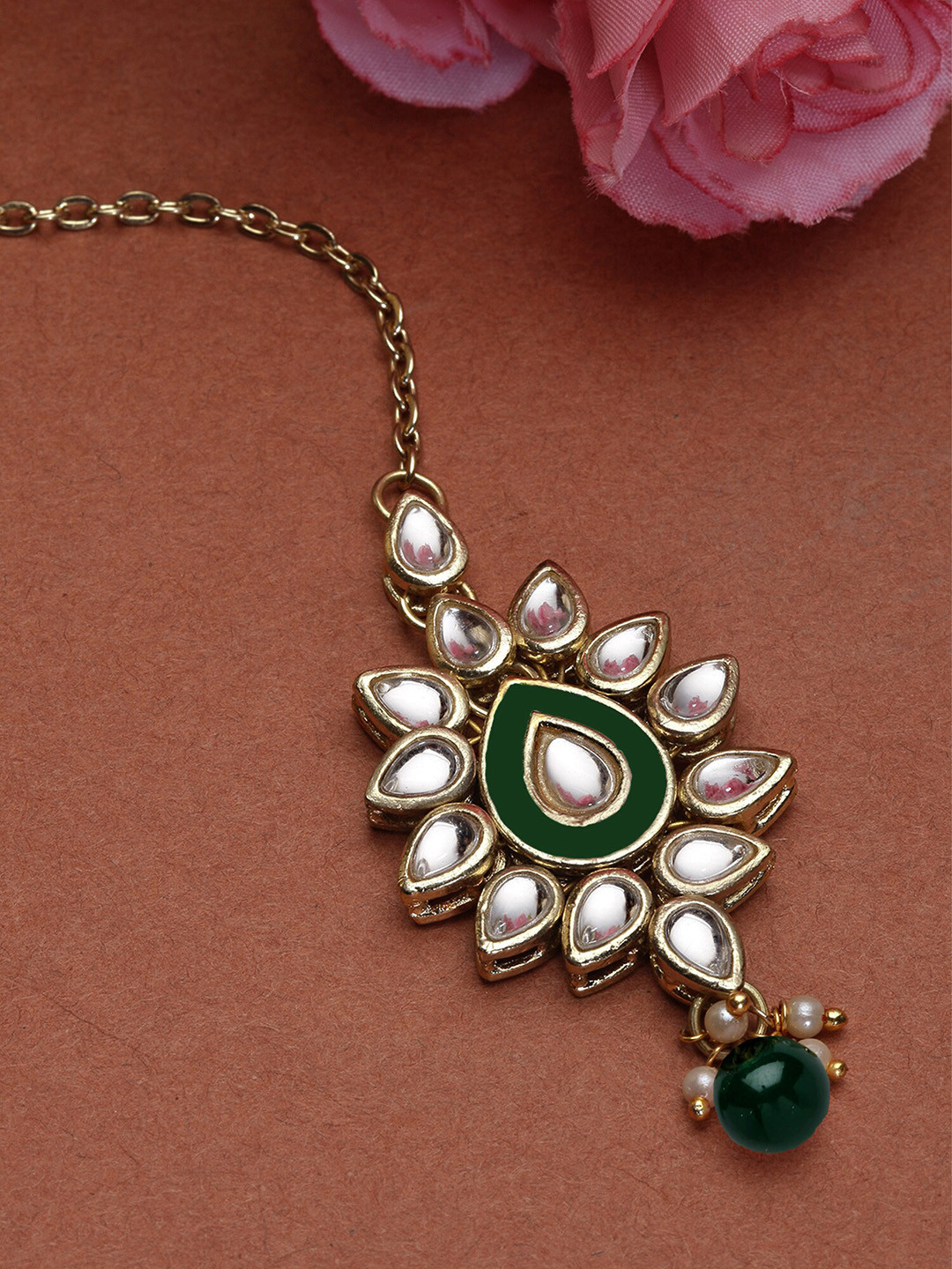 KARATCART Gold-Plated Kundan-Studded & Beaded Maang Tikka