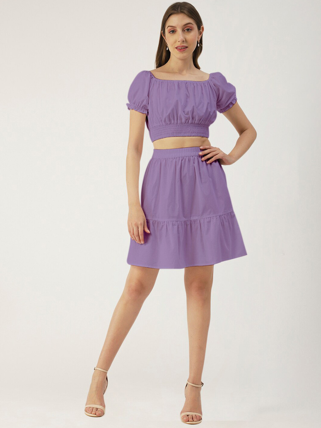 Moomaya Square Neck Puffed Sleeves Pure Cotton Smocked Crop Top And Skirt