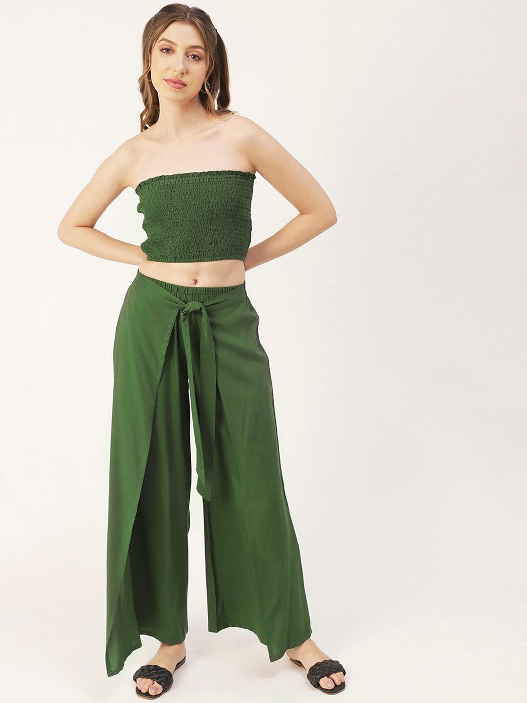 Moomaya Strapless Smocked Crop Top With Palazzo