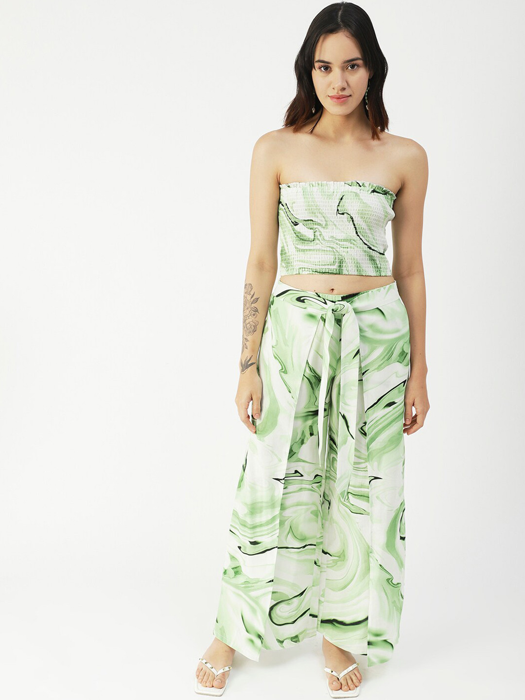 Moomaya Printed Shoulderless Crop Top With Palazzo