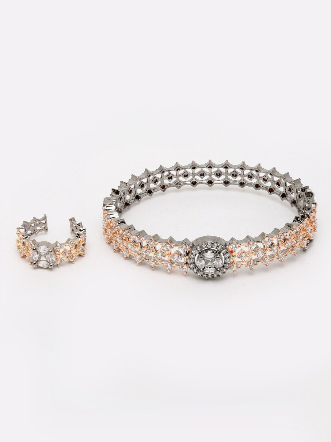 Anouk Rose Gold-Plated American Diamond Bracelet with Ring
