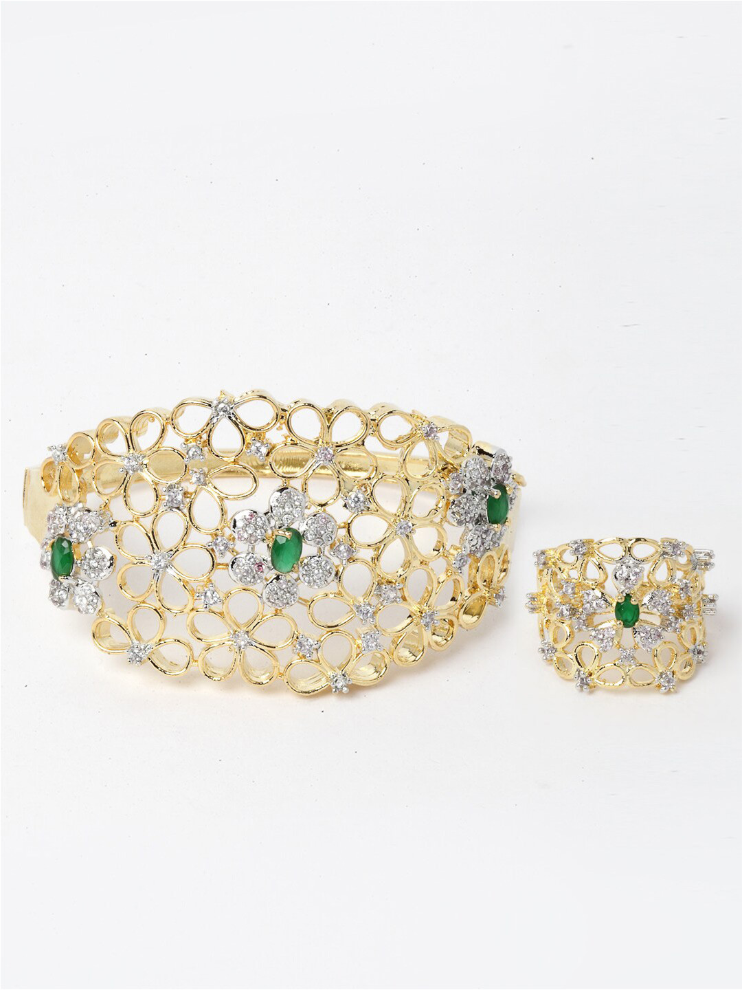 Anouk Gold-Plated Brass American Diamond Bangle-Style Bracelet with Ring