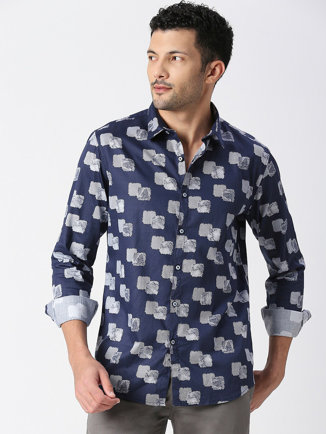 SNX Tailored Fit Geomtric Printed Pure Cotton Casual Shirt