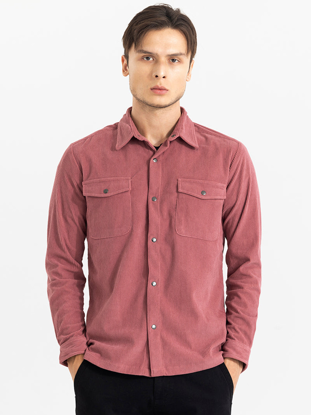Snitch Pink Classic Slim Fit Self Design Corduroy Weave Pure Cotton Shackets