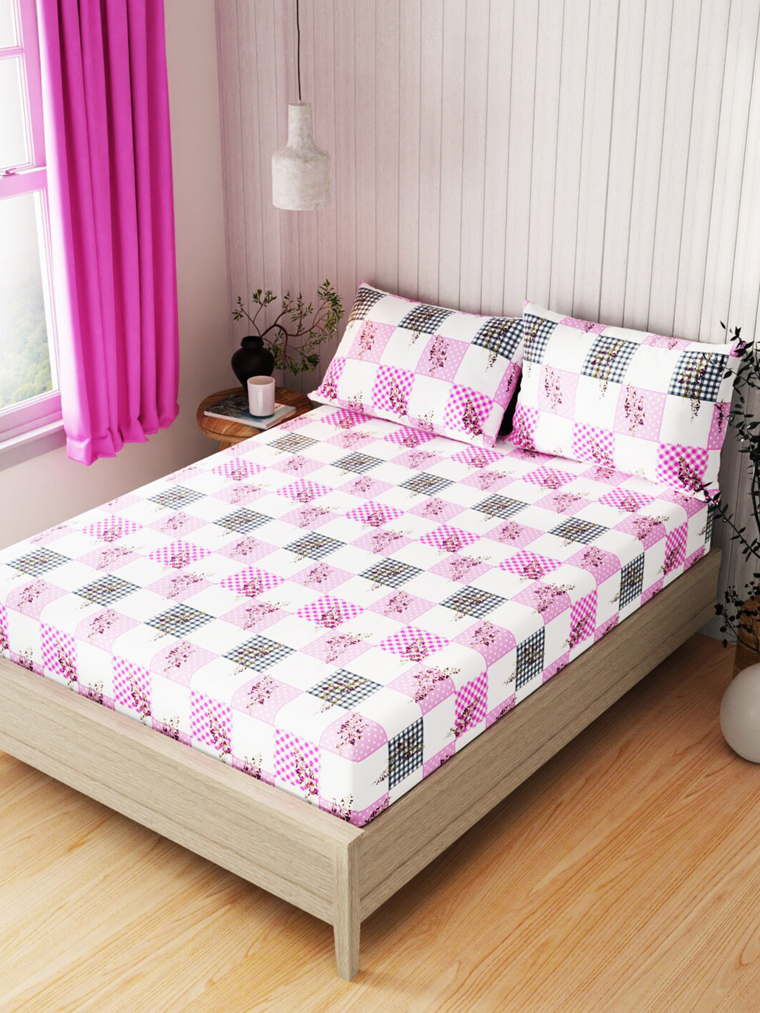 KOPA Lopez Purple Checked Cotton 120 TC Queen Bedsheet with 2 Pillow Covers-88 x 96 inches