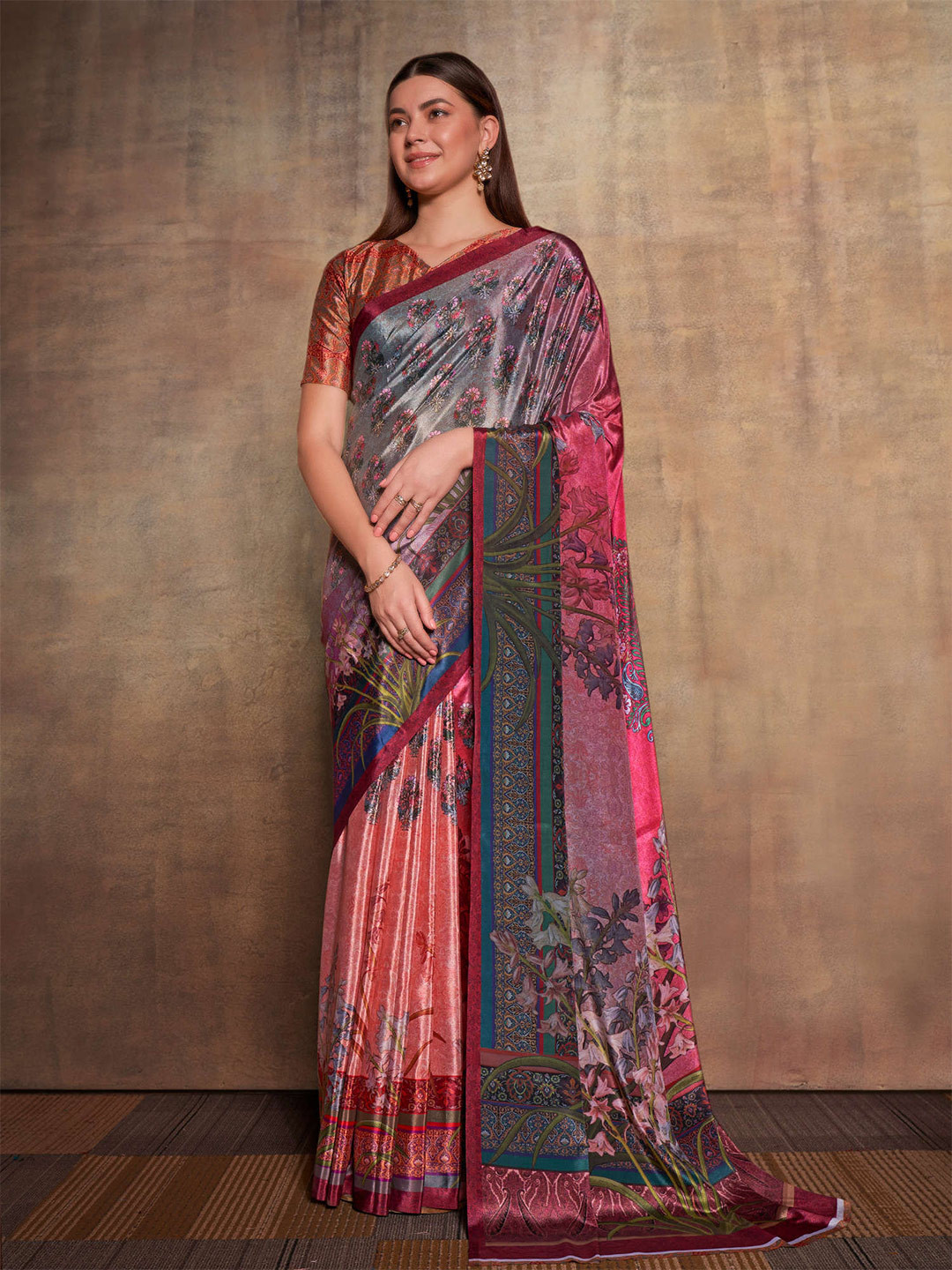 Mitera Orange & Brown Floral Printed Saree