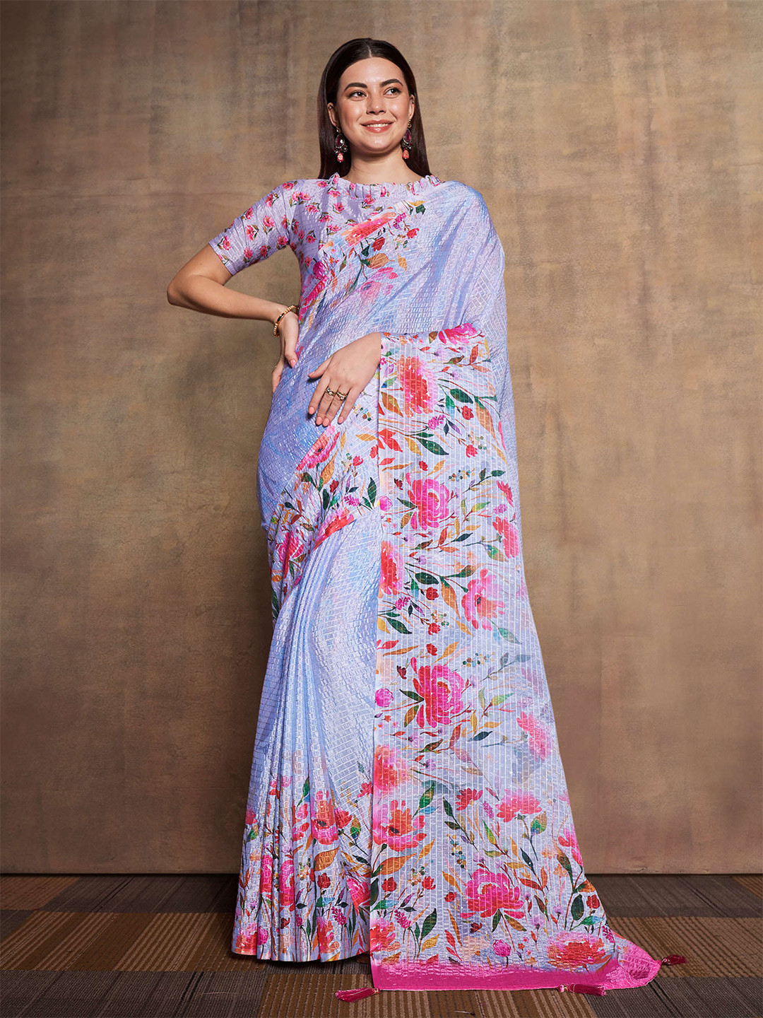 Mitera Grey & Pink Floral Printed Sequinned Saree