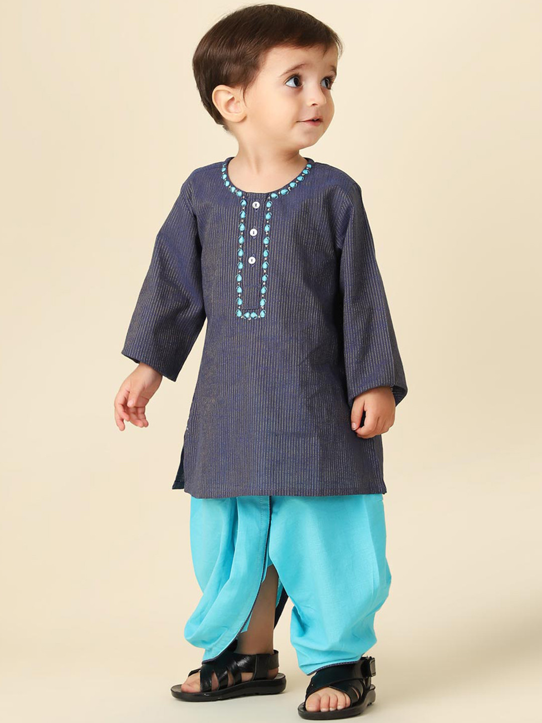 Fabindia Infant Boys Striped Thread Work Kurta with Dhoti Pants